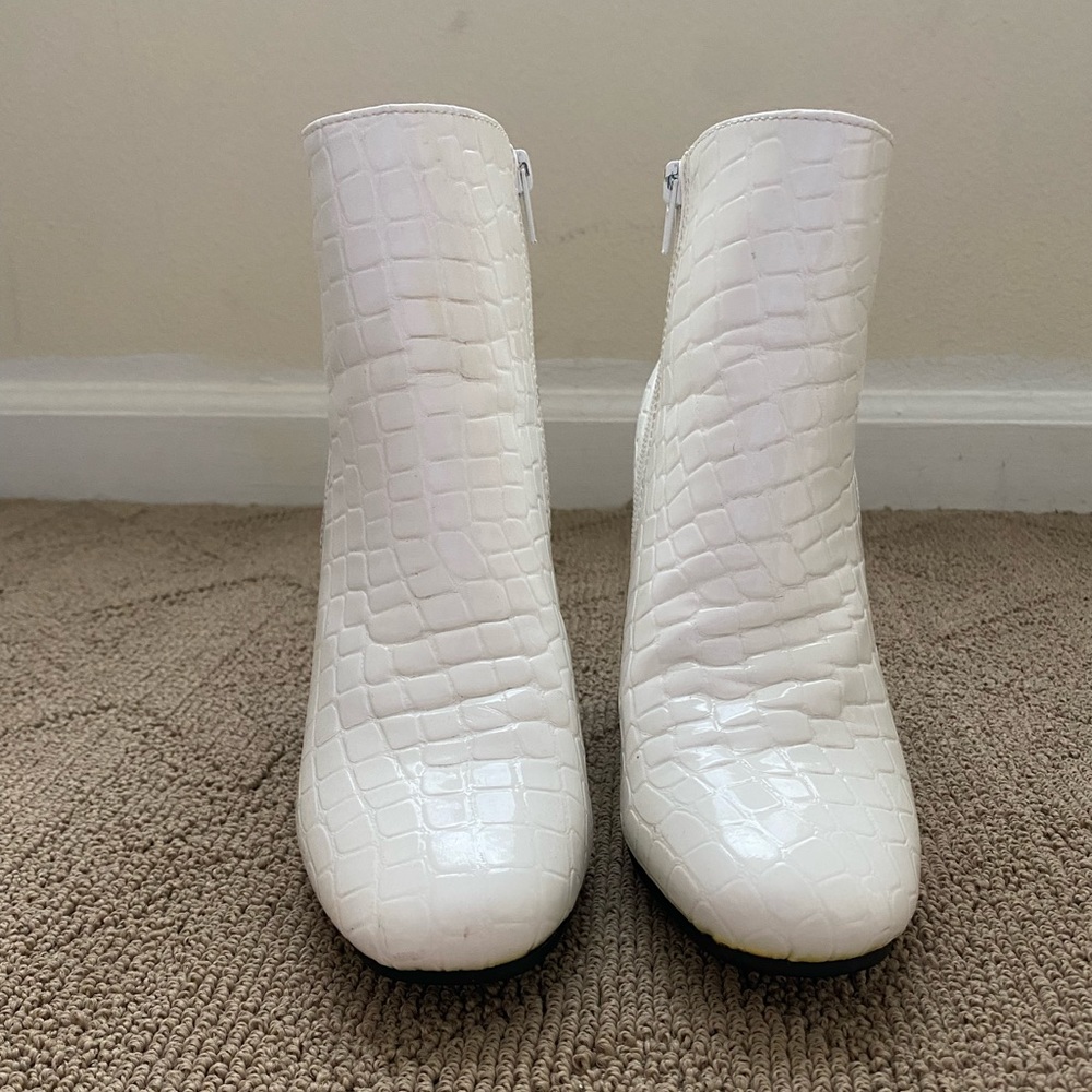 Crocodile print white ankle boots
